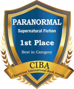 A gold and blue shield with the words " paranormal supernatural fiction 1 st place best in category."